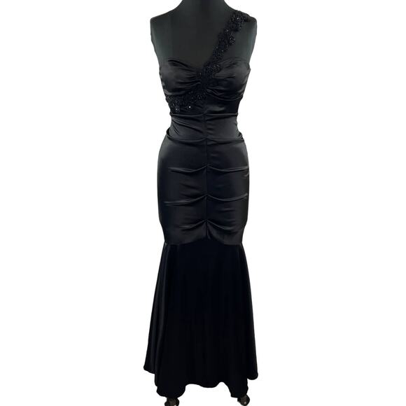 Xscape Joanna Chen Black Beaded Asymmetric One Shoulder Mermaid Evening Gown 6 - Picture 1 of 9